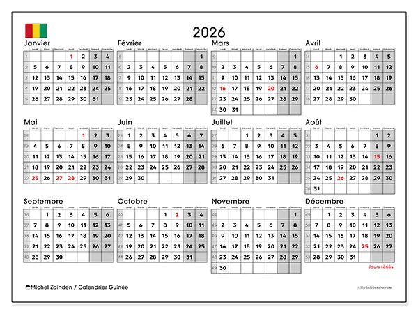 Calendrier annuel 2026 à imprimer - Guinée