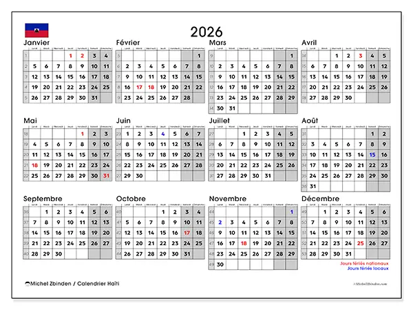 Calendrier annuel 2026 à imprimer - Haïti