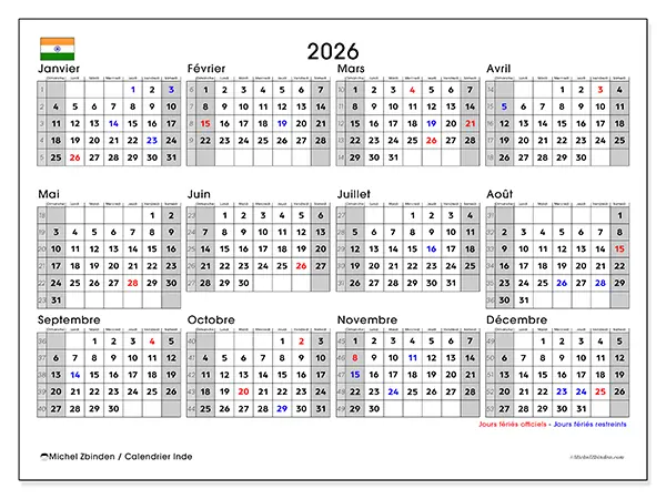 Calendrier annuel 2026 à imprimer - Inde