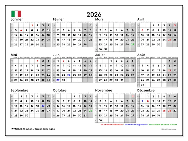 Calendrier annuel 2026 à imprimer - Italie