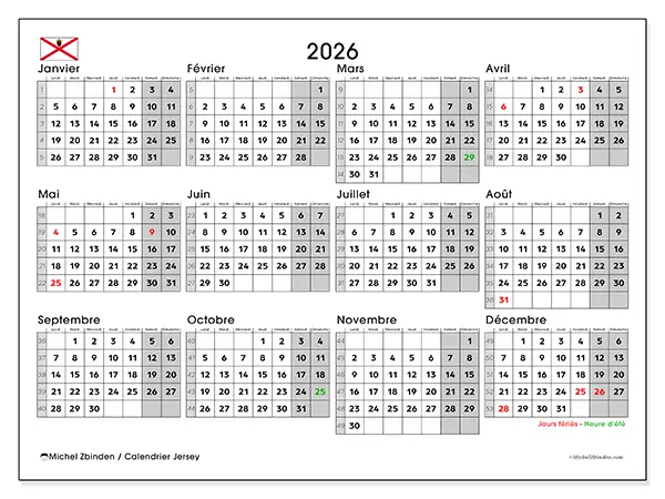 Calendrier annuel 2026 à imprimer - Jersey