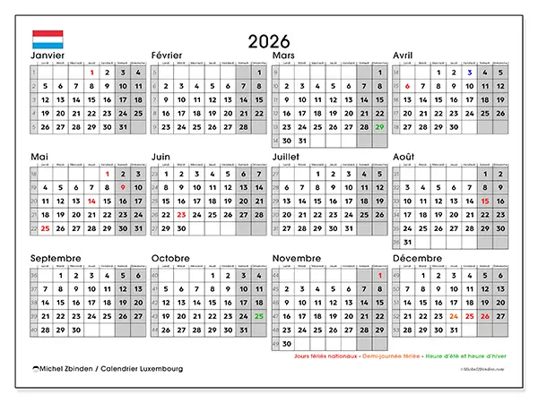 Calendrier annuel 2026 à imprimer - Luxembourg