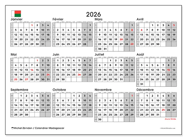 Calendrier annuel 2026 à imprimer - Madagascar