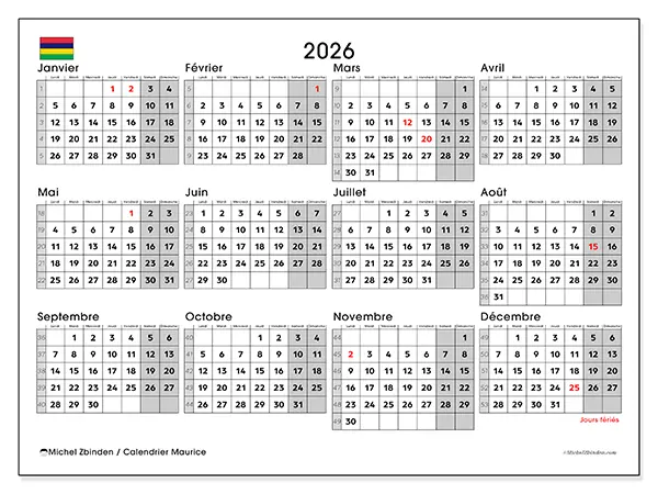 Calendrier annuel 2026 à imprimer - Maurice