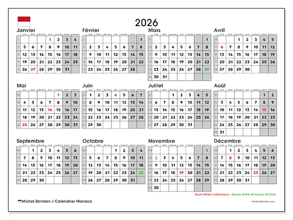 Calendrier annuel 2026 à imprimer - Monaco
