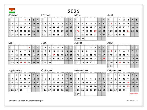 Calendrier annuel 2026 à imprimer - Niger