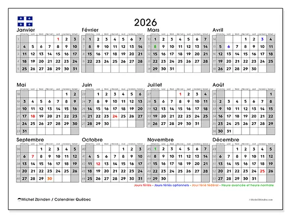 Calendrier annuel 2026 à imprimer - Québec