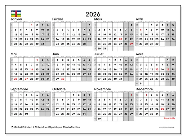 Calendrier annuel 2026 à imprimer - République centrafricaine
