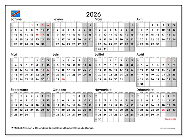 Calendrier annuel 2026 à imprimer - République démocratique du Congo
