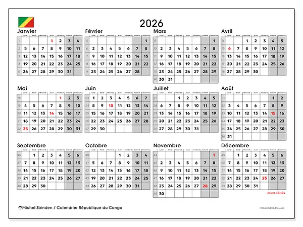 Calendrier annuel 2026 à imprimer - République du Congo