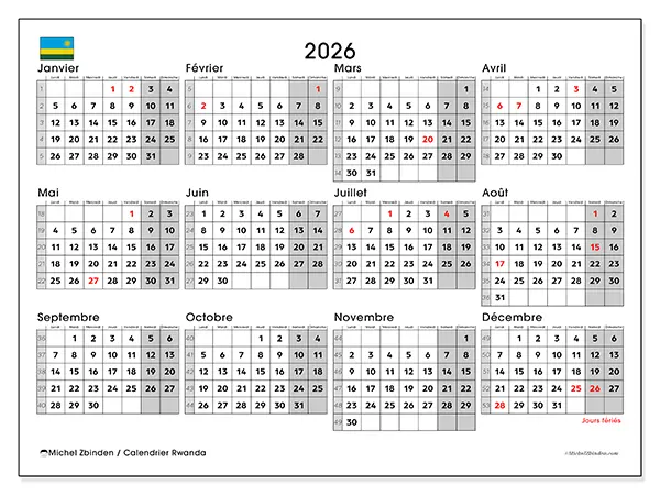 Calendrier annuel 2026 à imprimer - Rwanda