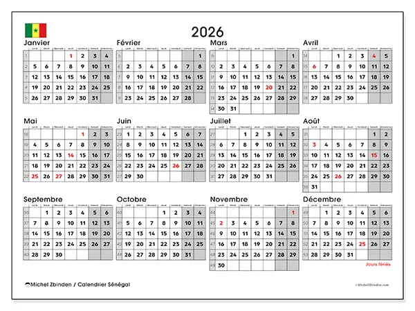 Calendrier annuel 2026 à imprimer - Sénégal