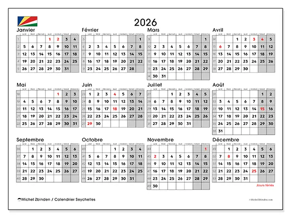 Calendrier annuel 2026 à imprimer - Seychelles
