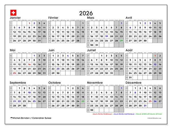 Calendrier annuel 2026 à imprimer - Suisse