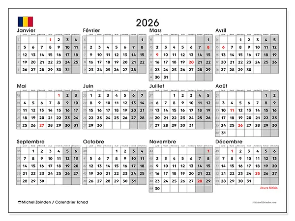 Calendrier annuel 2026 à imprimer - Tchad