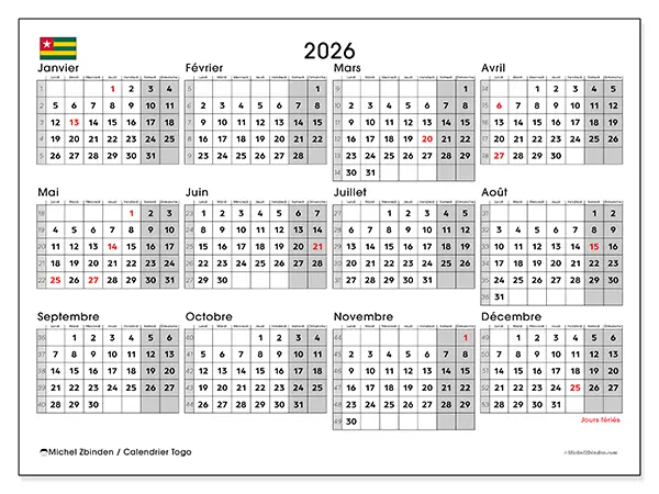 Calendrier annuel 2026 à imprimer - Togo