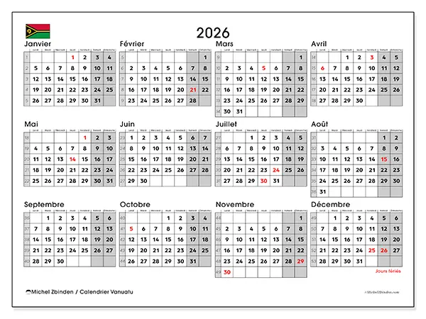 Calendrier annuel 2026 à imprimer - Vanuatu
