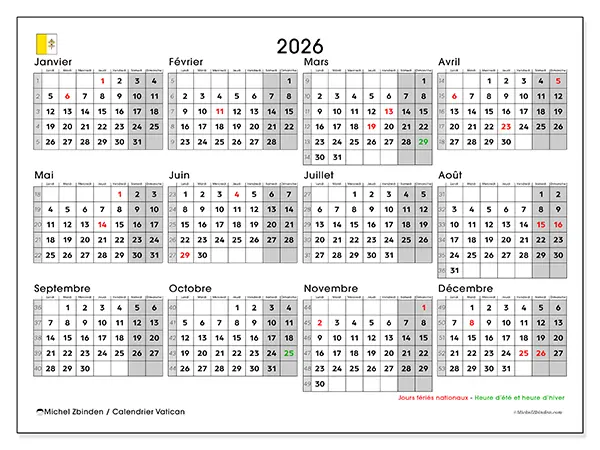 Calendrier annuel 2026 à imprimer - Vatican