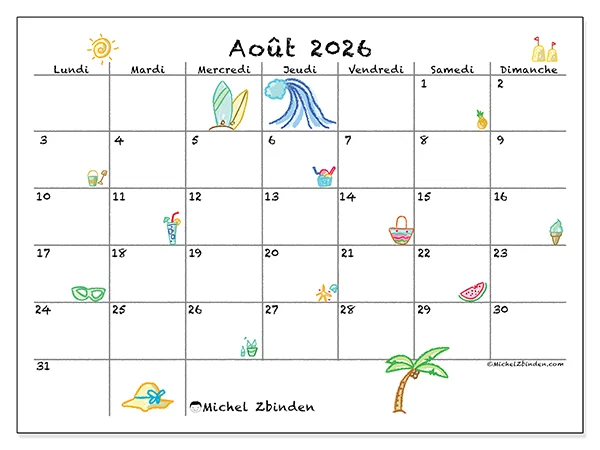 Calendrier août 2026 à imprimer - Vacances ensoleillées