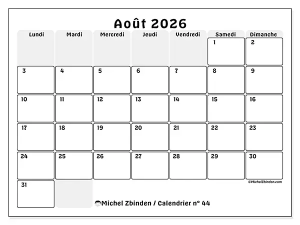 Calendrier août 2026 à imprimer