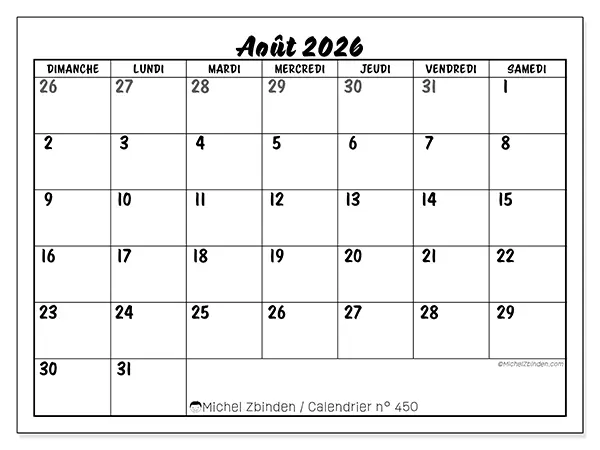 Calendrier août 2026 à imprimer - Organisation détaillée - Semaine du dimanche au samedi