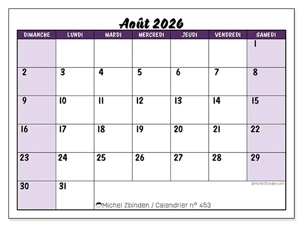 Calendrier août 2026 à imprimer - Efficacité colorée - Semaine du dimanche au samedi
