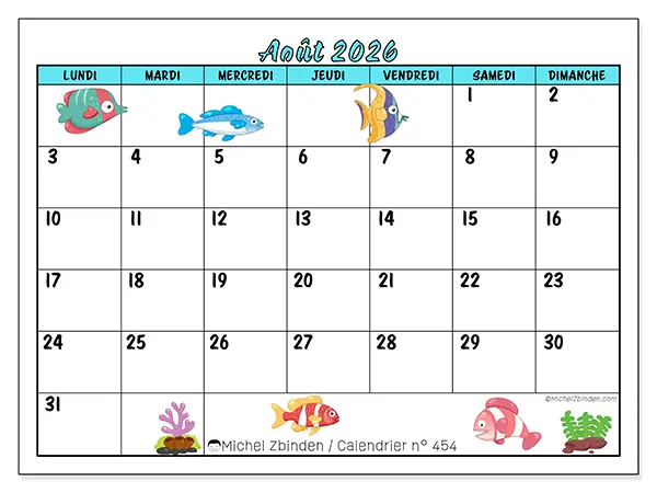 Calendrier août 2026 à imprimer - Poissons colorés