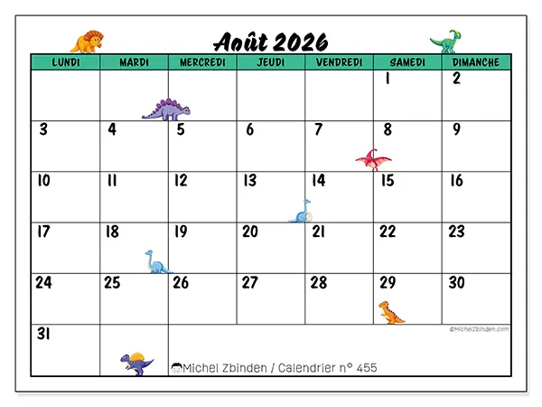 Calendrier août 2026 à imprimer - Petits dinosaures