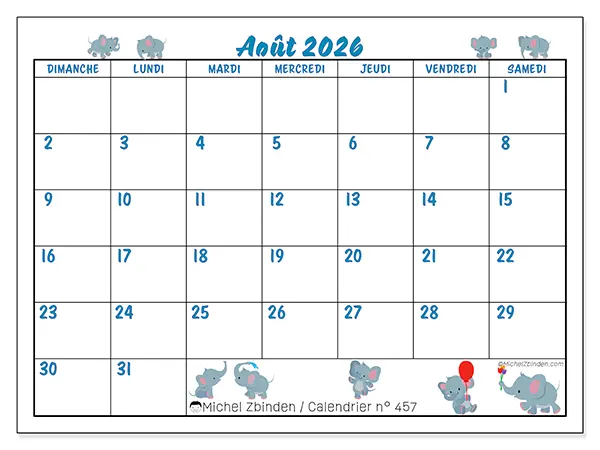 Calendrier août 2026 à imprimer - Petits éléphants - Semaine du dimanche au samedi