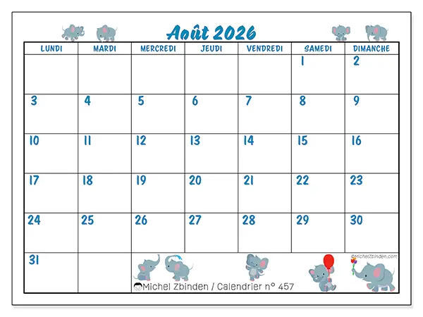 Calendrier août 2026 à imprimer - Petits éléphants