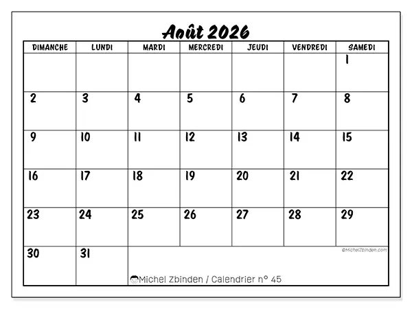 Calendrier août 2026 à imprimer - Réussite scolaire - Semaine du dimanche au samedi