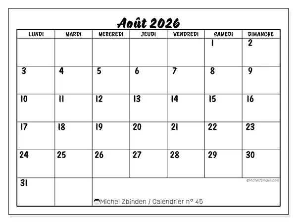 Calendrier août 2026 à imprimer - Réussite scolaire