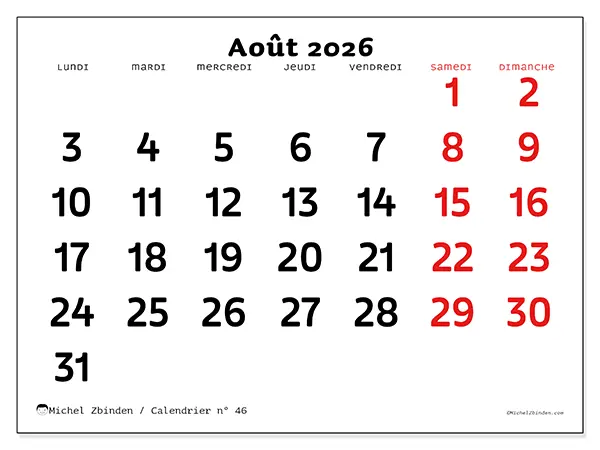 Calendrier août 2026 à imprimer - Vision claire
