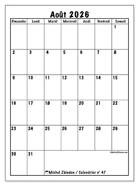 Calendrier août 2026 à imprimer - Planning efficace - Semaine du dimanche au samedi