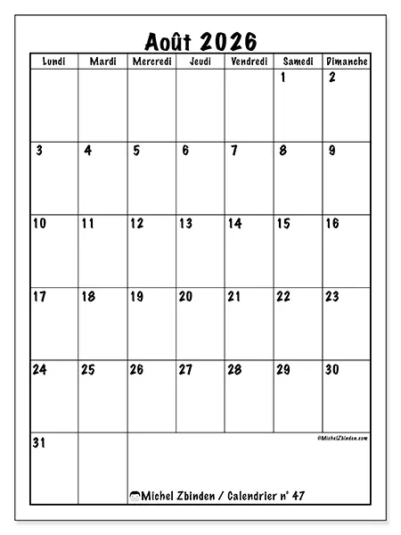 Calendrier août 2026 à imprimer - Planning efficace