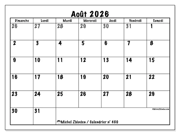 Calendrier août 2026 à imprimer - Planification complète - Semaine du dimanche au samedi