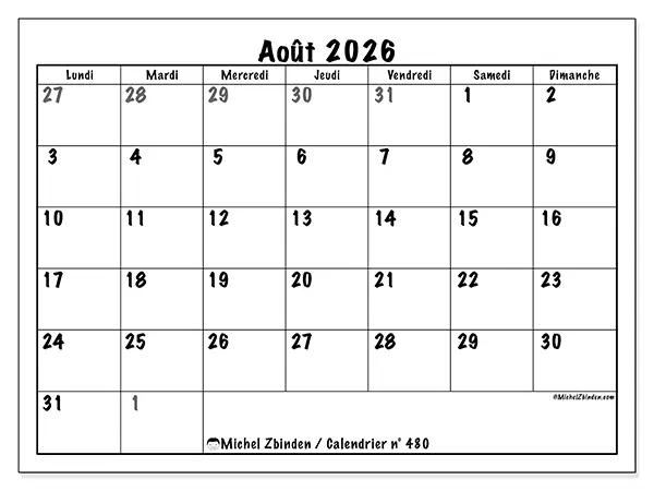 Calendrier août 2026 à imprimer - Planification complète
