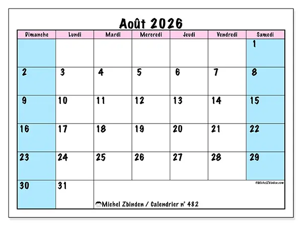 Calendrier août 2026 à imprimer - Horaire d’équipe - Semaine du dimanche au samedi