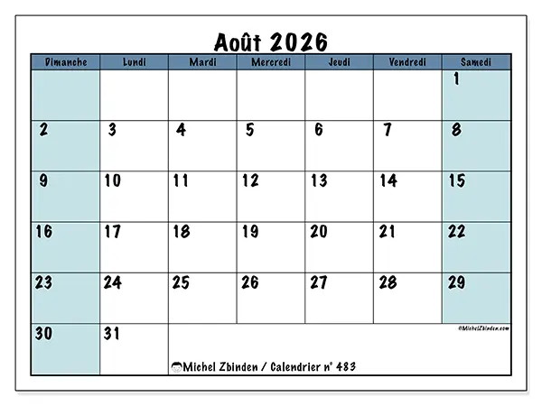 Calendrier août 2026 à imprimer - Structuré pour l’école - Semaine du dimanche au samedi