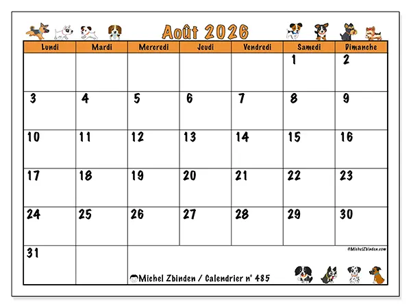 Calendrier août 2026 à imprimer - Chiens enthousiastes