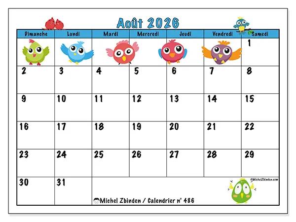 Calendrier août 2026 à imprimer - Oiseaux amusants - Semaine du dimanche au samedi