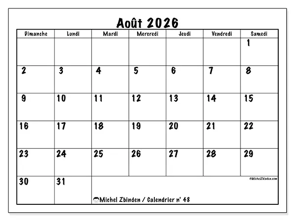 Calendrier août 2026 à imprimer - Efficacité quotidienne - Semaine du dimanche au samedi