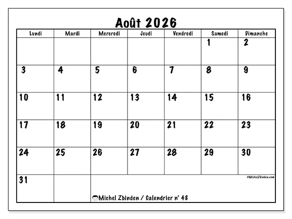 Calendrier août 2026 à imprimer - Efficacité quotidienne