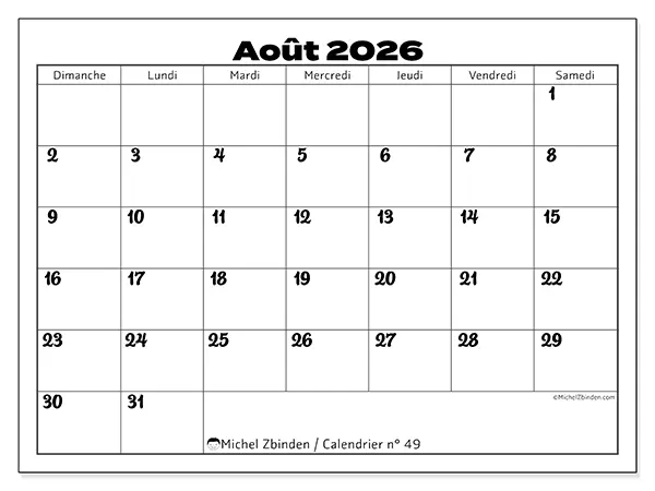 Calendrier août 2026 à imprimer - Coordination productive - Semaine du dimanche au samedi