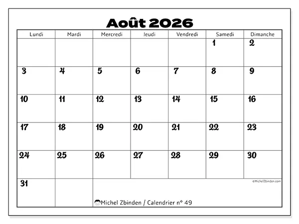 Calendrier août 2026 à imprimer - Coordination productive