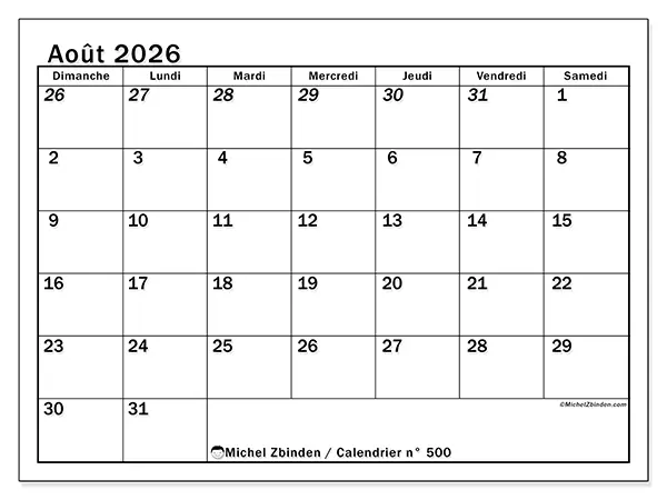 Calendrier août 2026 à imprimer - Planning intensif - Semaine du dimanche au samedi
