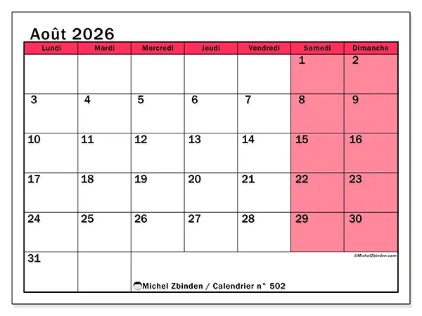 Calendrier août 2026 à imprimer - Gestion lumineuse