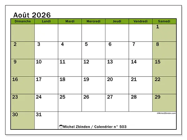Calendrier août 2026 à imprimer - Organisation vivante - Semaine du dimanche au samedi