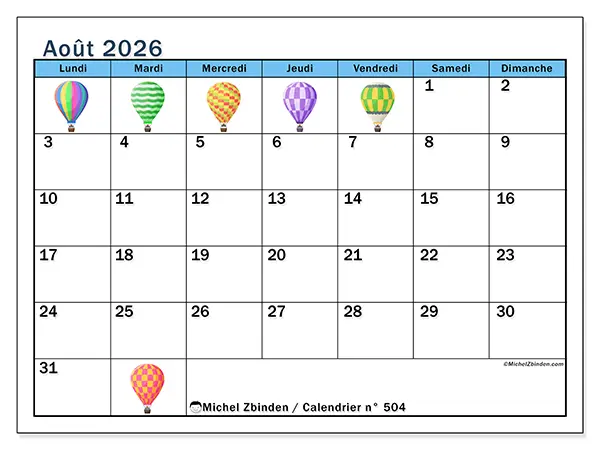 Calendrier août 2026 à imprimer - Montgolfières
