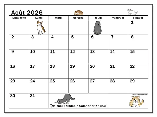 Calendrier août 2026 à imprimer - Vie de chat - Semaine du dimanche au samedi
